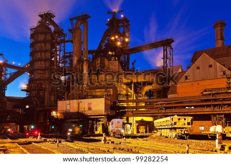 Blast furnace equipment of the metallurgical plant at night