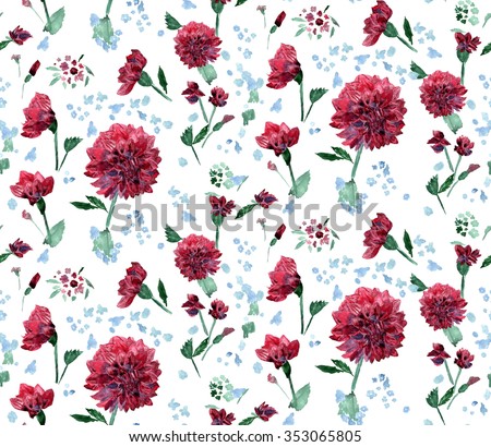 Raster seamless pattern with purple dahlias and small abstract blue, red and green fantasy flowers. Watercolor hand drawn ornament on white background.
