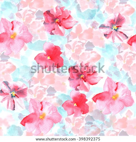 Seamless pattern with watercolor hand drawn fantasy red-pink flowers with blue-green leaves like saintpaulia. African violets on textured paper. Ornament with pretty household indoor plants.