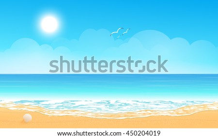 Tropical beach. Sandy beach under the bright sun. Vector background.