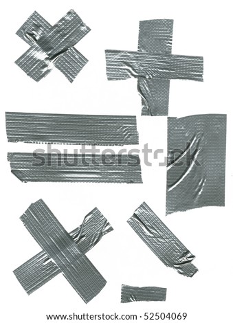 pieces of duct tape in varying sizes, shapes, and orientations are shown here against a white background for easy removal and use.