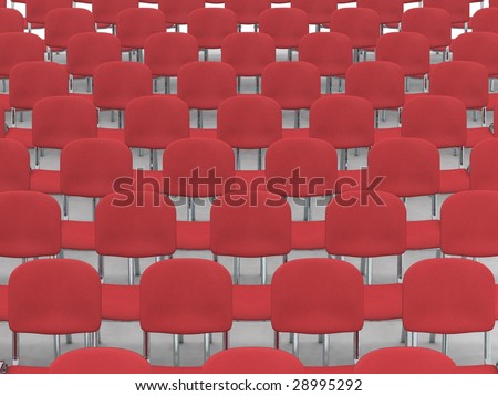 digital render of an empty auditorium of red chairs