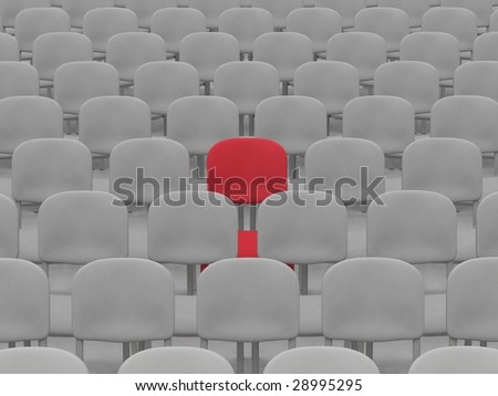 digital render of an empty auditorium of grey chairs with a single red chair