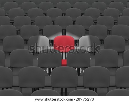 digital render of an empty auditorium of grey chairs with a single red chair lit by a spotlight