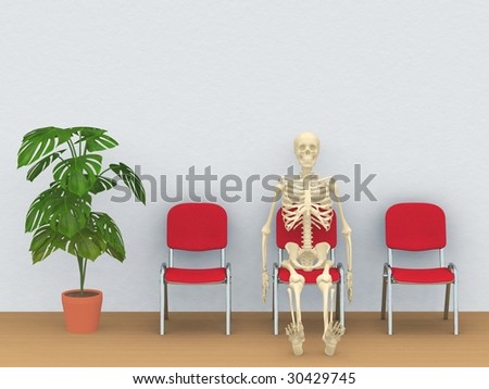 digital render of a skeleton sitting in a waiting room
