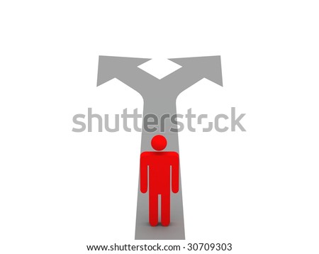 digital render of a figurine on a path with two directions