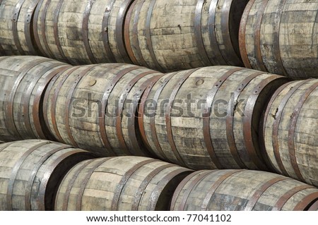 stacked whiskey barrels