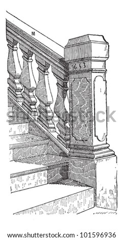 Staircase Handrail (marked M), vintage engraved illustration. Dictionary of Words and Things - Larive and Fleury - 1895