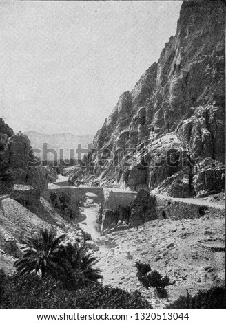The El Kantara Gorge at the edge of the Sahara, vintage engraved illustration. From the Universe and Humanity, 1910.