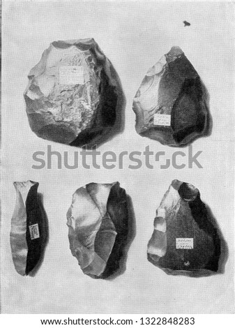Flintware from ancient Egypt from the Paleolithic layers of the Nile Valley, beyond Thebes, vintage photo. From the Universe and Humanity, 1910.