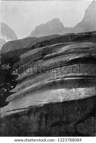 Roches moutonnees in the valley of Bergell, vintage photo. From the Universe and Humanity, 1910.