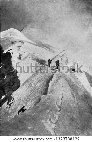 Formation of snow dunes in the Alps, vintage photo. From the Universe and Humanity, 1910.