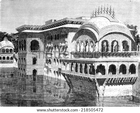 Gopal Bhawan Palace in Digh, vintage engraved illustration. Le Tour du Monde, Travel Journal, (1872).