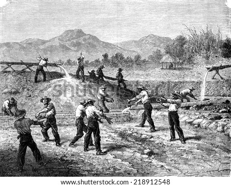 Alluvial gold mines vintage engraved illustration Le Tour du Monde Travel Journal 1872 Alluvial gold mines vintage engraved illustration Le Tour du Monde Travel Journal 1872