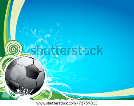 A soccer sport ball on a blue and green background, with floral lines and swirls. Great for a sport card or postcard