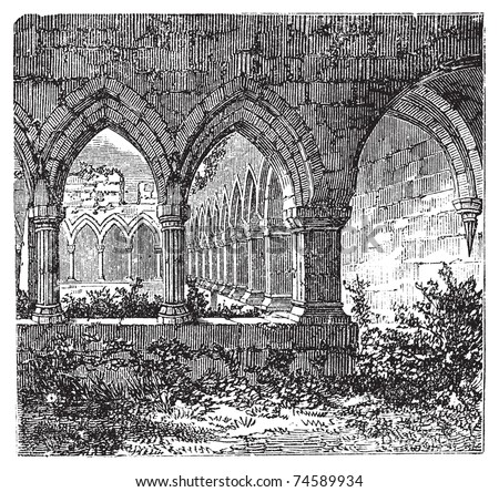Gothic cloisters and arch at Kilconnel Abbey, in County Galway, Ireland. Old engraving. Old engraved illustration of gothic cloister.