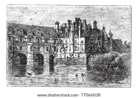 Chenonceau Castle, in Chenonceaux, France, during the 1890s, vintage engraving. Old engraved illustration of Chenonceau Castle. Trousset Encyclopedia