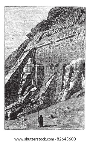 The Great Temple at Abu Simbel in Egypt, during the 1890s, vintage engraving. Old engraved illustration of Great Temple at Abu Simbel with guard in front.  Trousset encyclopedia (1886 - 1891).