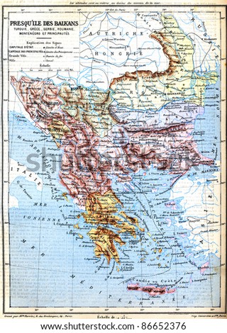 The map of Balkan Peninsula (Turkey, Greece, Serbia, Romania and Montenegro) with signs and their explanation. Old vintage map from the late 19th century, Trousset encyclopedia (1886 - 1891).