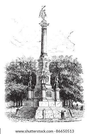 Soldiers' Monument, Worcester, Massachusetts, USA, during the 1890s, vintage engraving. Old engraved illustration of Soldiers' Monument. Trousset encyclopedia (1886 - 1891).