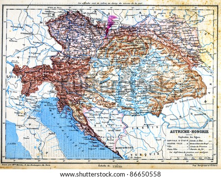 The map of Austria-Hungary with explanation of signs on map from the late 1800s,  Trousset encyclopedia (1886 - 1891).