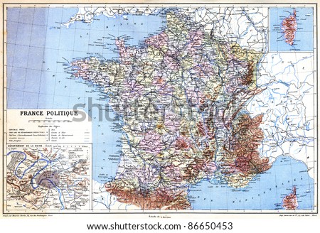 The Map of political France with explanation of signs on map from the late 1800s,  Trousset encyclopedia (1886 - 1891).