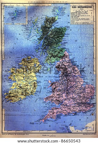 The map of the British Isles with signs and their explanation from the late 1800s,  Trousset encyclopedia (1886 - 1891).