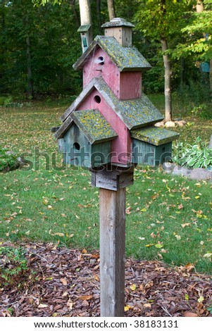 Abandoned Bird House with spider webs at the front door.