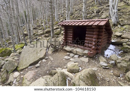 wooden shelter in a beech forest in Ordesa National Park, Pyrenees, Huesca, Aragon, Spain