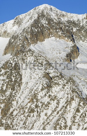 view of the southern slope of the peak Aneto, 3404 m., Posets Maladeta Natural Park, Huesca, Aragon, Pyrenees, Spain