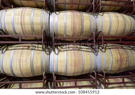 stacked wine barrels to ferment the wine, La Rioja, Spain