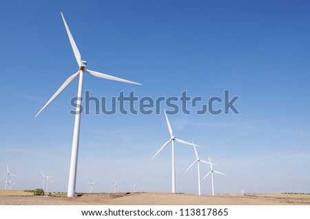 group of windmills for renewable electric energy production, Fuendejalon, Zaragoza, Aragon, Spain