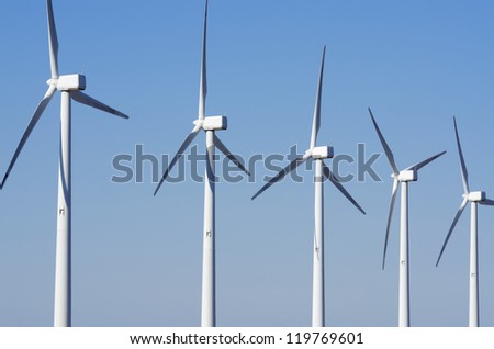 group of windmills for renewable electric energy production, Cintruenigo, Navarre, Spain