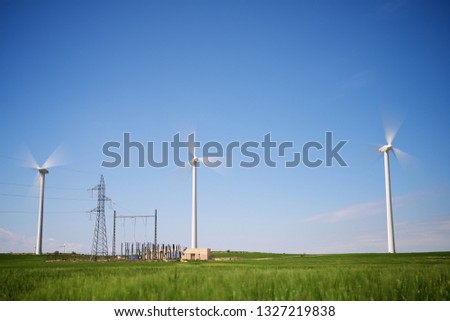 Windmills and electrical substation, Zaragoza province, Aragon, Spain.