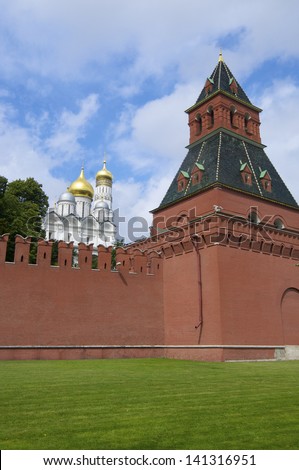 View of the Kremlin in Moscow, Russia. We see Secrets Tower and the Cathedral of the Annunciation.