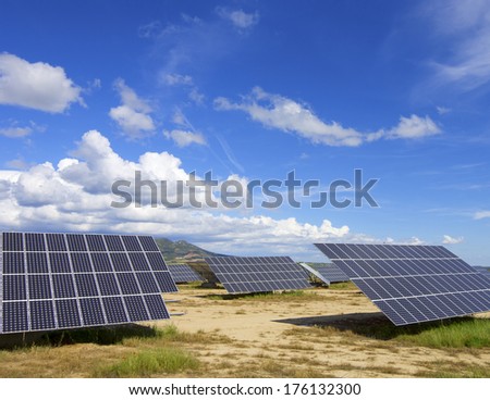 Solar field with blue sky and clouds in Huesca Province, Aragon, Spain