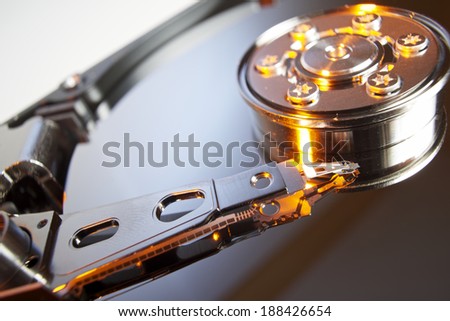 Closeup of an open computer hard drive