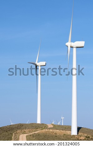 group of windmills for renewable electric energy production, Fuendejalon, Zaragoza, Aragon, Spain