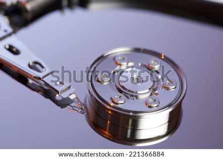 Closeup of an open computer hard drive
