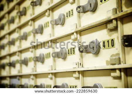 Closeup of a group of cells in an old safe bank.