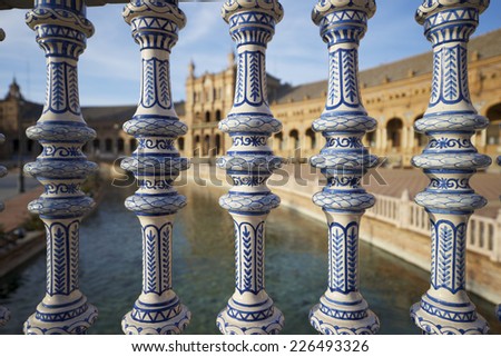 Ceramic fence in Spain\'s Square, located in the Parque Maria Luisa, was the  venue for the Latin American Exhibition of 1929, Seville, Andalucia, Spain