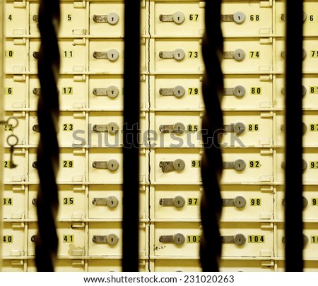 Closeup of a group of cells in an old safe bank.