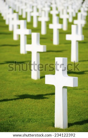 White crosses in American Cemetery, Coleville-sur-Mer, Omaha Beach, Normandy, France.