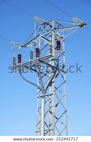 Power line with clear blue sky.