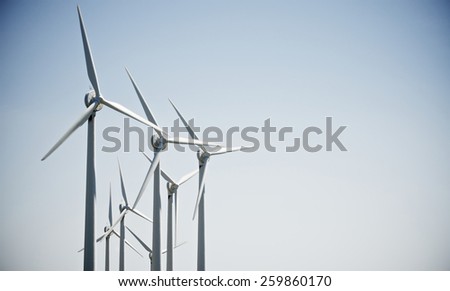aligned group of windmills for renewable electric energy production, Navarre, Spain