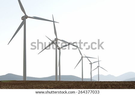 group of wind turbines for renewable electric energy production, Fuendejalon, Zaragoza, Aragon, Spain