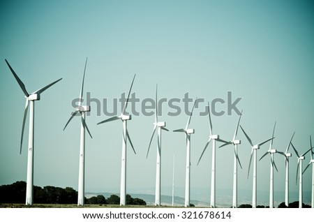 group of windmills for renewable electric energy production, Cintruenigo, Navarre, Spain