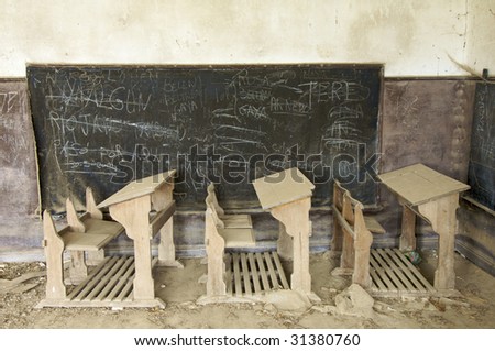 abandoned desks in a old school