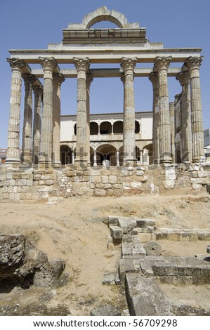 view of the Roman temple of Diana in Merida, Extremadura, Spain