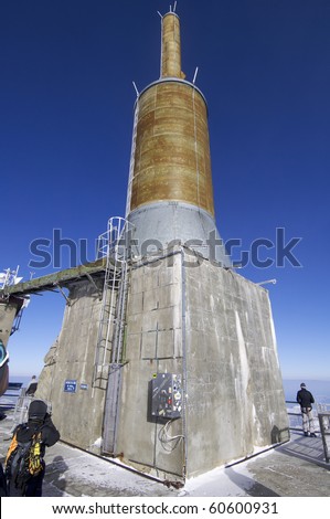 view of the lightning rod located at the top of the Mount Aguille du Midi, Mont Blanc massif, Alps, Chamonix, France